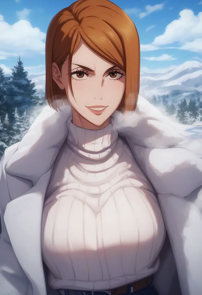 score_9, score_8_  up, score_7_  up BREAK 1girl, Alone, nobara kugisaki   , Brown Hair,  summary hair , short hair,   brown eyes, lips,  Feeling depressed:1,2、  white skirt、white fluffy long coat、  white sweater、 covered in snow、  Snowflake 、chuckle、Snow H...