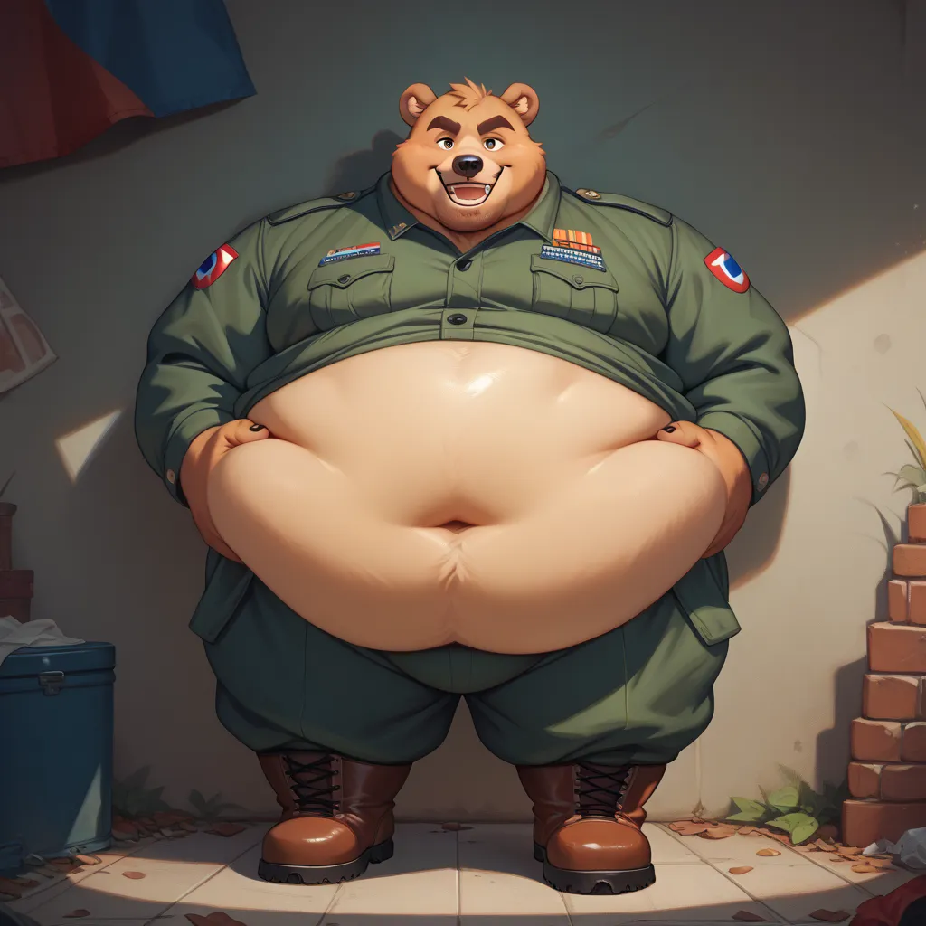 furry bear, huge chunkiest belly, extremely obese, obese cheeks, smile, posing against the wall, wears military suit, wears boots, full length portrait. 