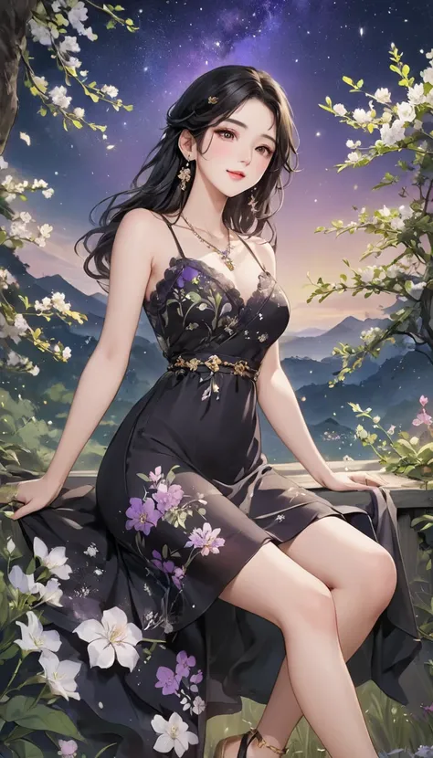 Rich ink painting 、  top quality、  masterpiece、   high definition 、  Official Art、  young, graceful and beautiful woman、 legs  、Brown-black long hair  、  perfect style 、 wearing a light purple transparent dress 、  earrings、  necklace、  look at me and smile...