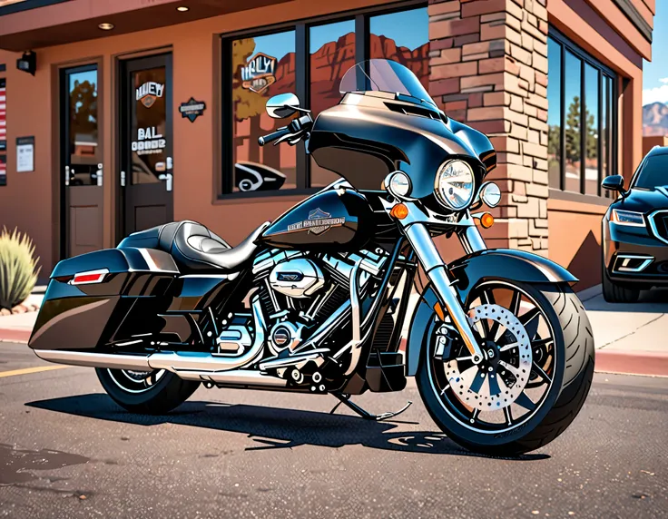 best quality, masterpiece, highres, higly detailed, solo, vehicle focus, 2024 Harley-Davidson Street Glide motorcycle parked on a sidewalk bear at the front of a bail bonds office in Flagstaff, Arizona, daytime, 3/4 front, depth of field,