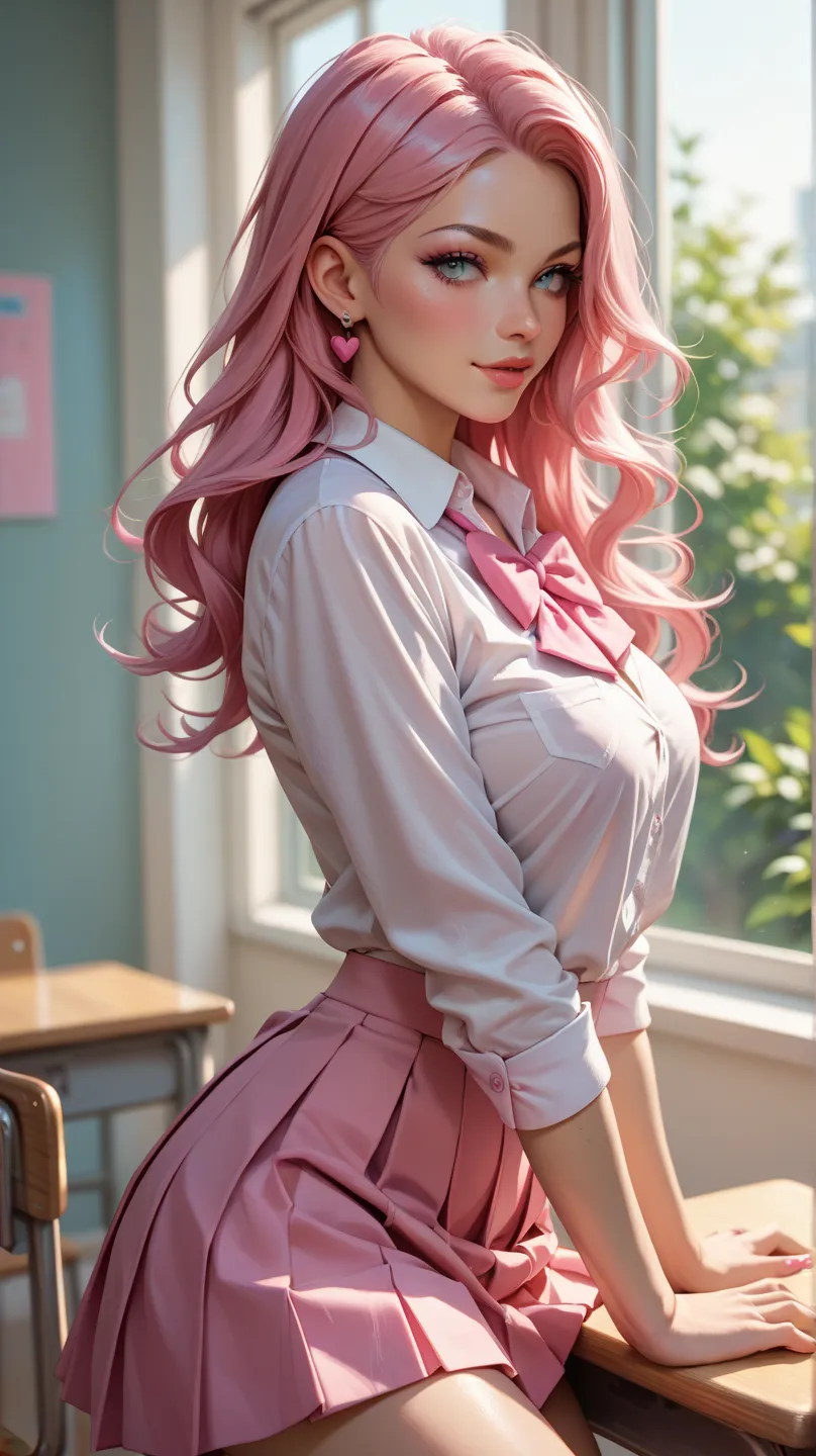  sexy  , Wearing a pink school uniform,sexy pink ,  long pink hair, At school 