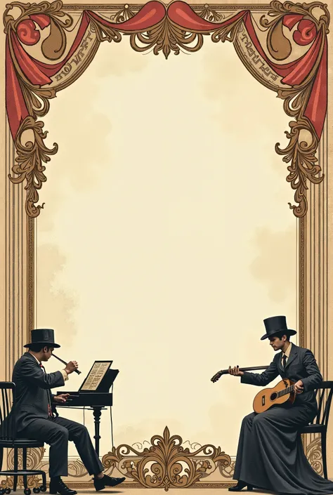 Give me a Victorian-style invitation, quite classic but without any text,  only with illusions on the side of musical figures, Everything has to do with classic and Victorian style, You have to have a space in the middle to write a text 