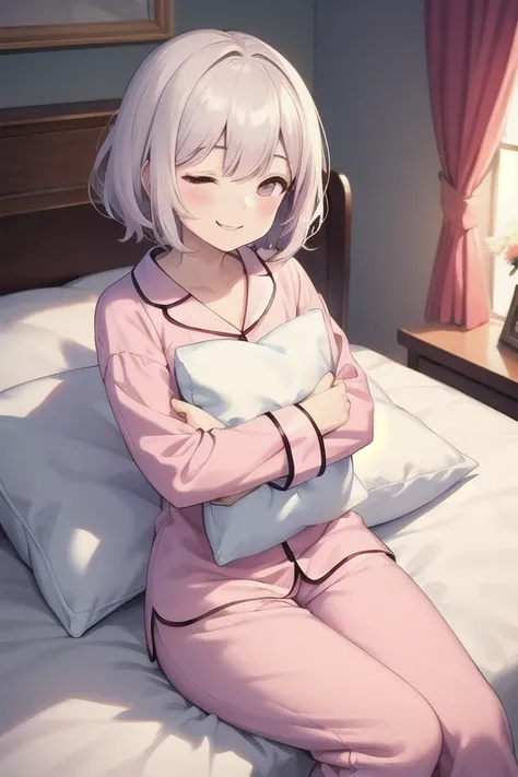 Best quality, high resolution, detailed, beautiful picture quality, one girl, cute pale pink pajamas with frills, short hair, lolicon feeling, younger sister, smiling face, hugging a big white pillow, sleeping in bed, cute design with pink as the main colo...