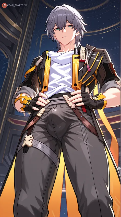 18dart3,  ASCII high detail ,  honkai star rail, Caleus  ,  in full height, hands on waist, 1 man,  short hair ,   bulge in pants , , big dick in pants