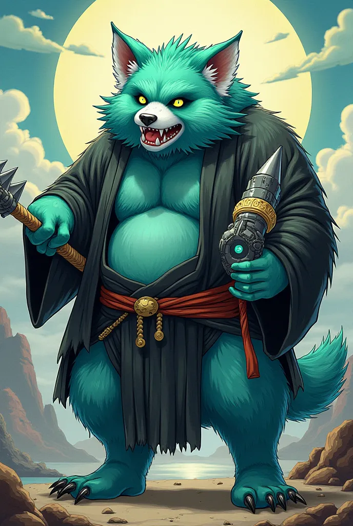 Comic: yōkai hybrid with the characteristics of a cornflower blue panda bear and green wolf. They wear a black kimono and wield a spiked club and space cannon.