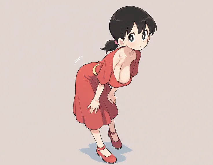 masterpiece, ttm,1girl,solo, a skinny loli with large breasts ,large sagging breasts, minamoto shizuka \(doraemon\),full body, standing,looking at viewer, red dress,extended downblouse, leaning forward, bent,hanging breasts,