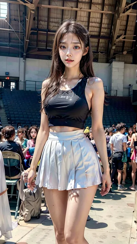 A beautiful young Japanese woman, 20 years old, with perfect anatomy, healthy thighs, beautiful feet, flawless skin, random hair color and style, large bust, (she is standing:1.2), wearing a cheerleader uniform with micro-pleated miniskirt, in a full body ...