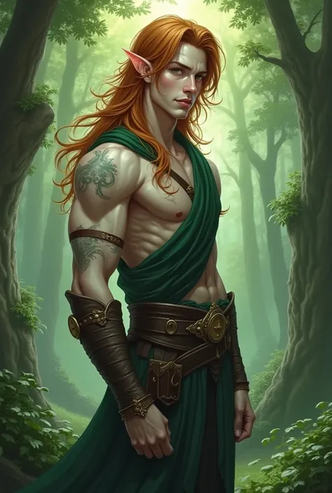 I would like the image of a beautiful male forest elf , Tall and strong white-skinned, medium long and wavy orange brown hair ,  with dark green eyes with a deep and noble anime-style look