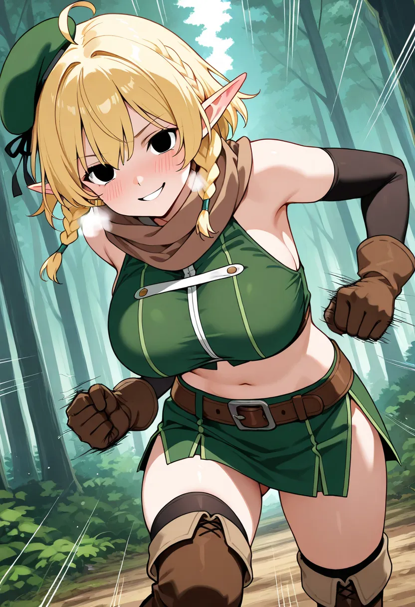 1woman,elf,short hair,low twin braids,long braids,blonde,slender,ahoge,empty eyes,black eyes,large breasts,tall,brown gloves,black elbow gloves,black thighhighs,mini hat,beret,brown scarf,dark green crop top,sleeveless,dark green side slit mini skirt,brown...