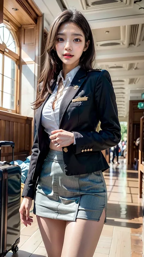 A beautiful, 24-year-old Japanese woman with perfect anatomy, healthy thighs, beautiful legs, beautiful skin, random hair color and style, large breasts, (wearing a flight attendant uniform with a mini-skirt:1.3), (she is standing:1.2), full body shot, pum...