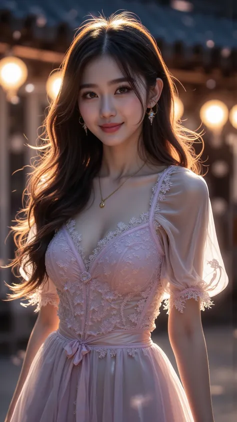 With this 8K original photo miracle ， depicts a mesmerizing Kpop idol ， with sweet “aegyo sal” features ， set in an outdoor night setting ， with floating effect and gentle glow of temple lights ， Her radiant smile and exquisite beauty are captivating Up Ya...