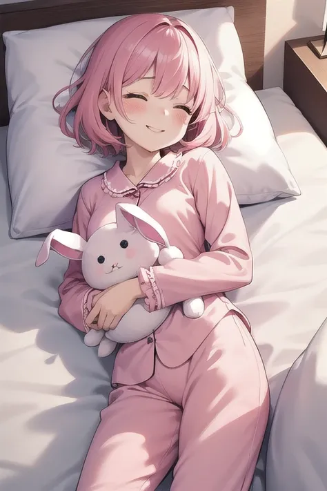 Best quality, high resolution, detailed, beautiful image quality, one girl, cute pale pink pajamas with frills, short hair, pink hair, lolicon feeling, younger sister, smiling face, white big pillow, lying on bed, sleepy face, holding pink bunny stuffed to...