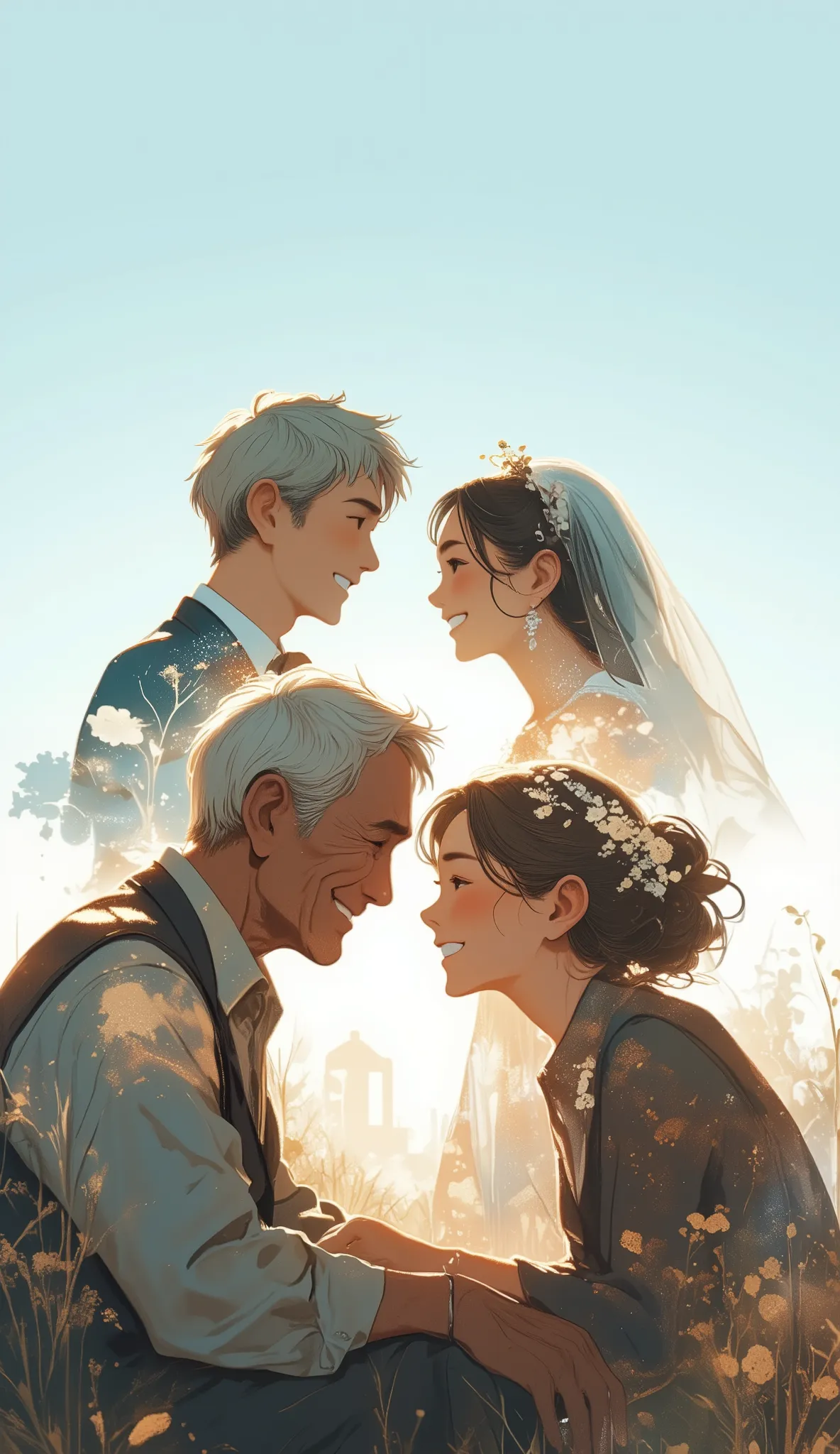 double expose. an old couple with white hair sitting under the sky, lying head on shoulder. in the sky, a close up young couple in wedding outfits smiling at each other