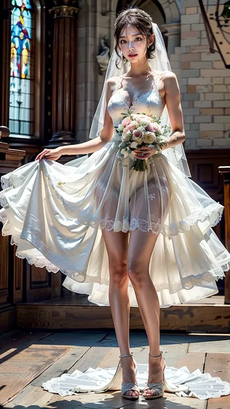 A beautiful young Japanese woman, 26 years old, with healthy thighs, beautiful legs, flawless skin, random hair color and style, large breasts, wearing a (wedding dress:1.3), (she is standing:1.2), full body shot, high heels, holding a bouquet in her hands...