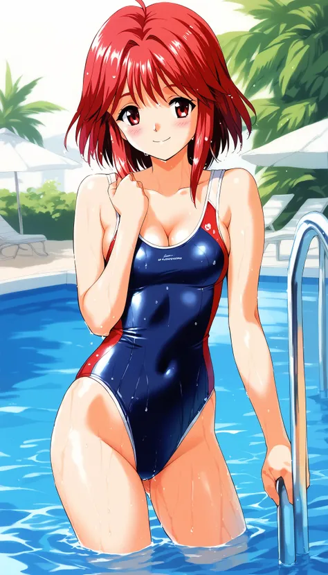 score_9, score_8_up , score_7_up , source_anime, rating_explicit, AsahinaYuko, red hair, medium hair, red eyes, bangs, sidelocks,  1girl , 1990s (style), (cowboy shot),  Tiny Breasts , cleavage,  pretty butt, (smile), (shy), ( sexy swimsuit), ( sexy pose),...