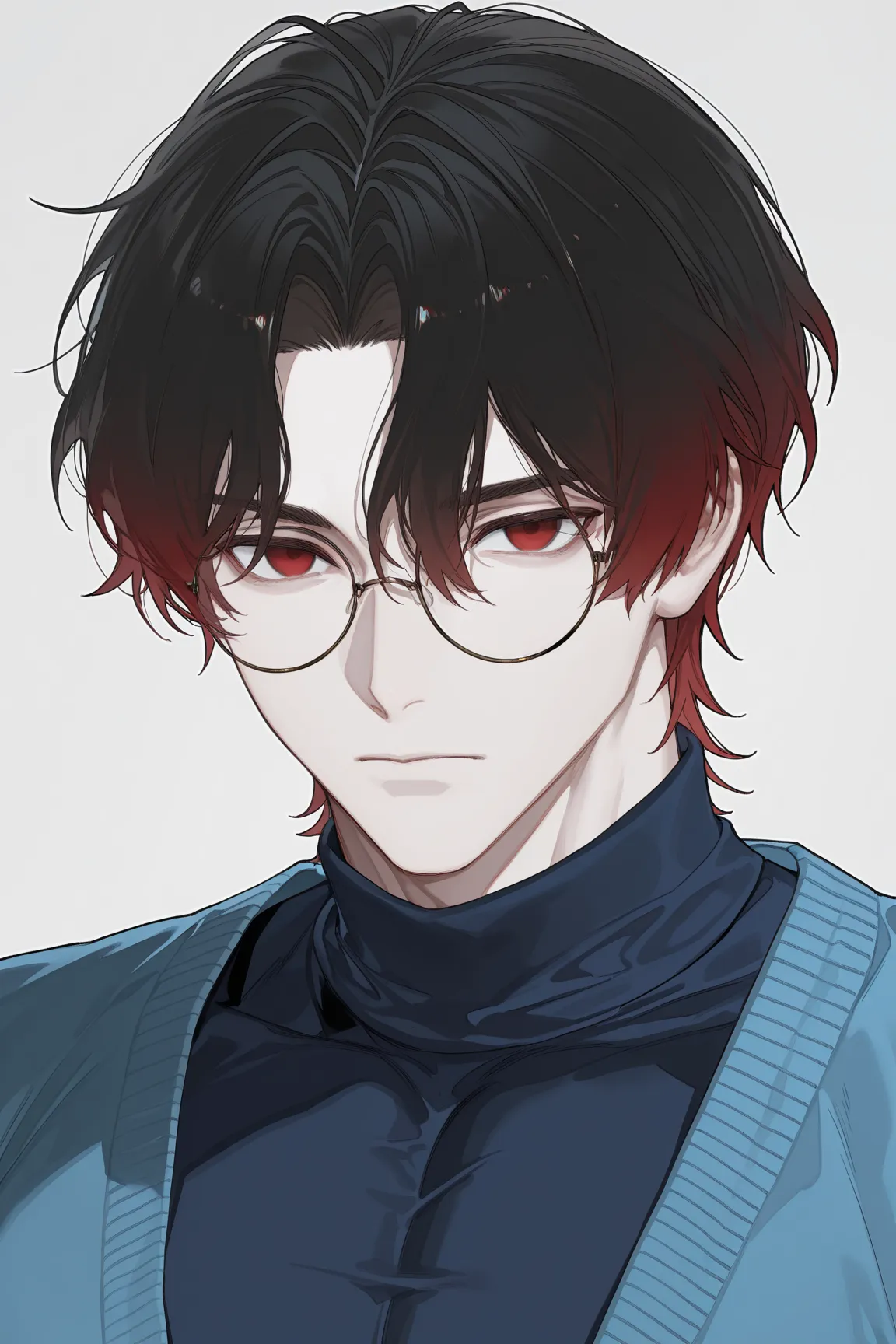 suou (sdurorhr), ningen mame, (ciloranko:0.7), portrait, 1boy, male focus, gradient hair, black hair, red hair, short hair, curtained hair, middle part, long bangs, wavy hair, red eyes, empty eyes, round glasses, closed mouth, pale skin, ((muscular)), hand...