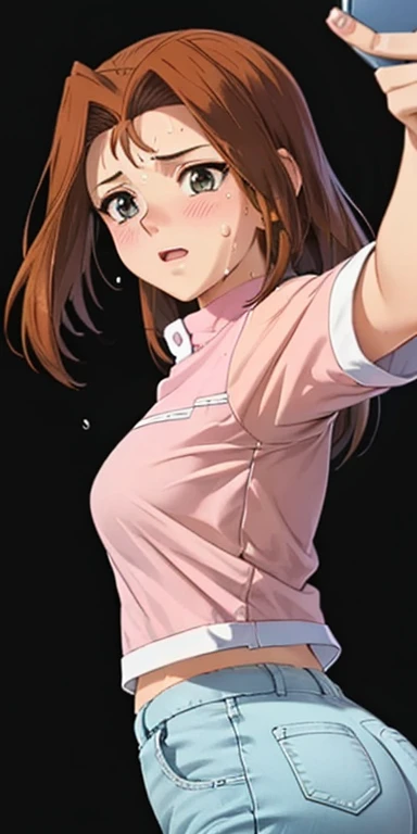   1 female,  high definition,  High resolution,    ultra-realistic    ,8K,serenidaddm  ,   gray eyes,  long hair,   brown hair,     pink shirt  , pantalones cortos azules,European,sexy,  upper body close-up ,    photographed from the front  ,  Dynamic Angl...