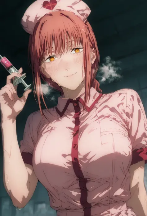 Makima from the anime Chainsaw Man wearing a sexy pink nurse outfit with her breasts showing and holding a syringe,  looking like a mischievous face and sweating because of the heat and with heavy breathing.