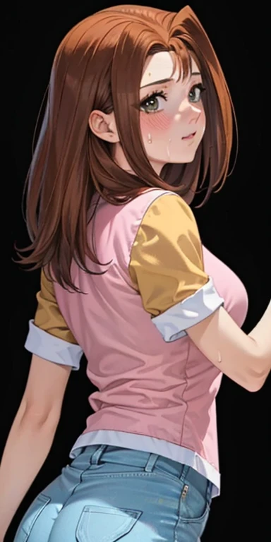   1 female,  high definition,  High resolution,    ultra-realistic    ,8K,serenidaddm  ,   gray eyes,  long hair,   brown hair,     pink shirt  , pantalones cortos azules,European,sexy,  upper body close-up ,    photographed from the front  ,  Dynamic Angl...