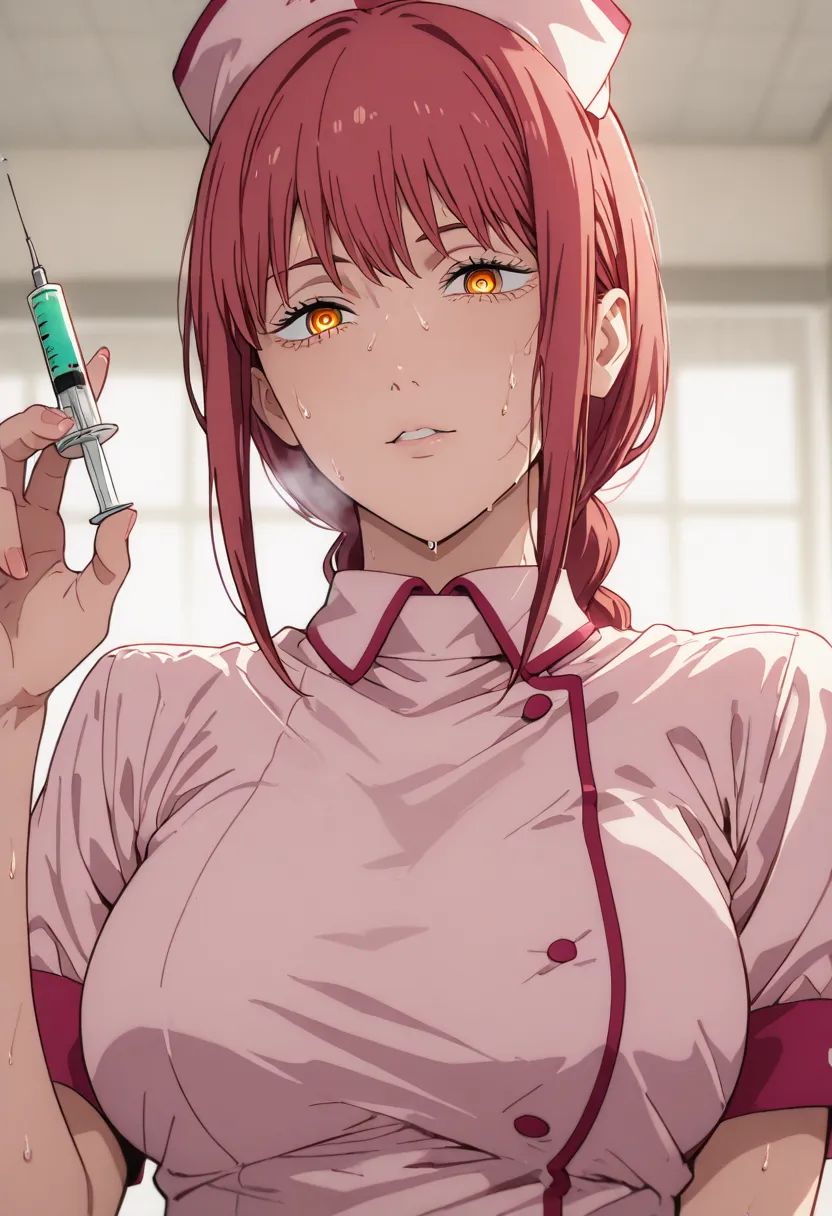 Makima from the anime Chainsaw Man wearing a sexy pink nurse outfit with her breasts showing and holding a syringe,  looking like a mischievous face and sweating because of the heat and with heavy breathing.