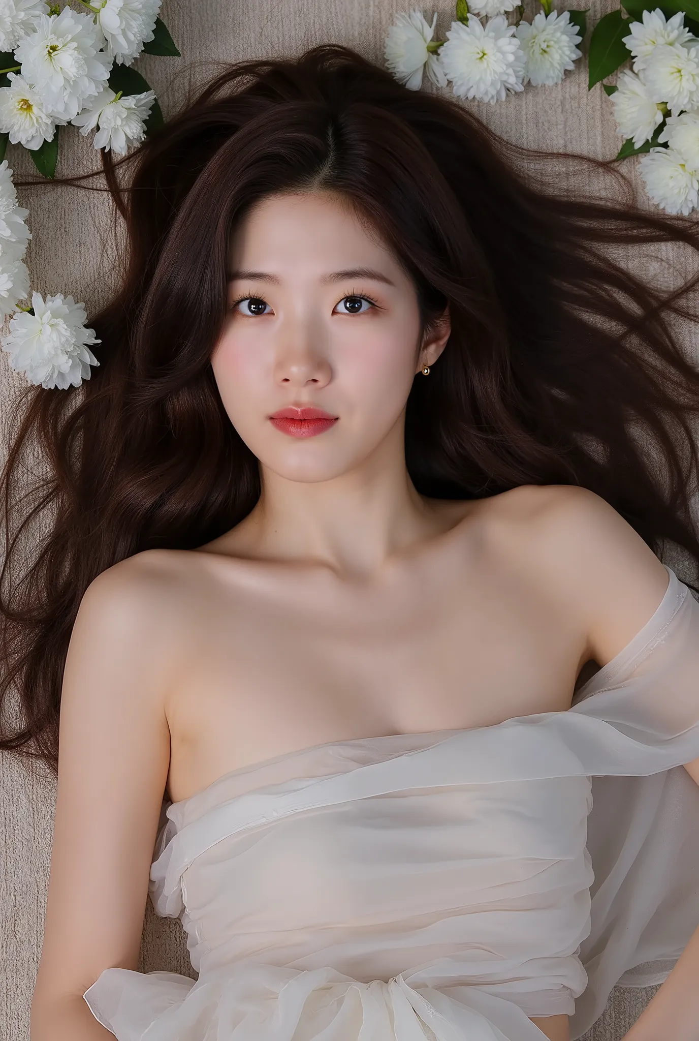 Portrait of a young woman in korea、One Girl、18-year-old、alone、(The whole body is projected)、(She wraps her naked body in see-through organza:1.2)、(Shooting from above:1.2)、(Lie down)、(Sensual World)、Beautiful and sexy、(Full view)、Embarrassed face、Ecstatic ...