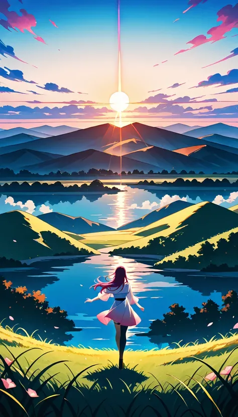 A serene Alyanya landscape at dusk, with soft pink hues casting a warm glow on the rolling hills and valleys. A gentle mist rises from the lush green grass as the setting sun's rays dance across the sky, painting the clouds in shades of rose and magenta.