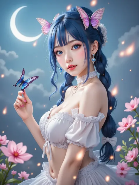  top quality combat bed，Screen meekness， anime illustrations with intricate details ， High Resolution， face close-up，Light makeup，Cold white skin，Pure Desire， fair and delicate skin ，Soft side face， Butterfly，Flowers，Blue fluffy braided hair ，Long eyelashe...