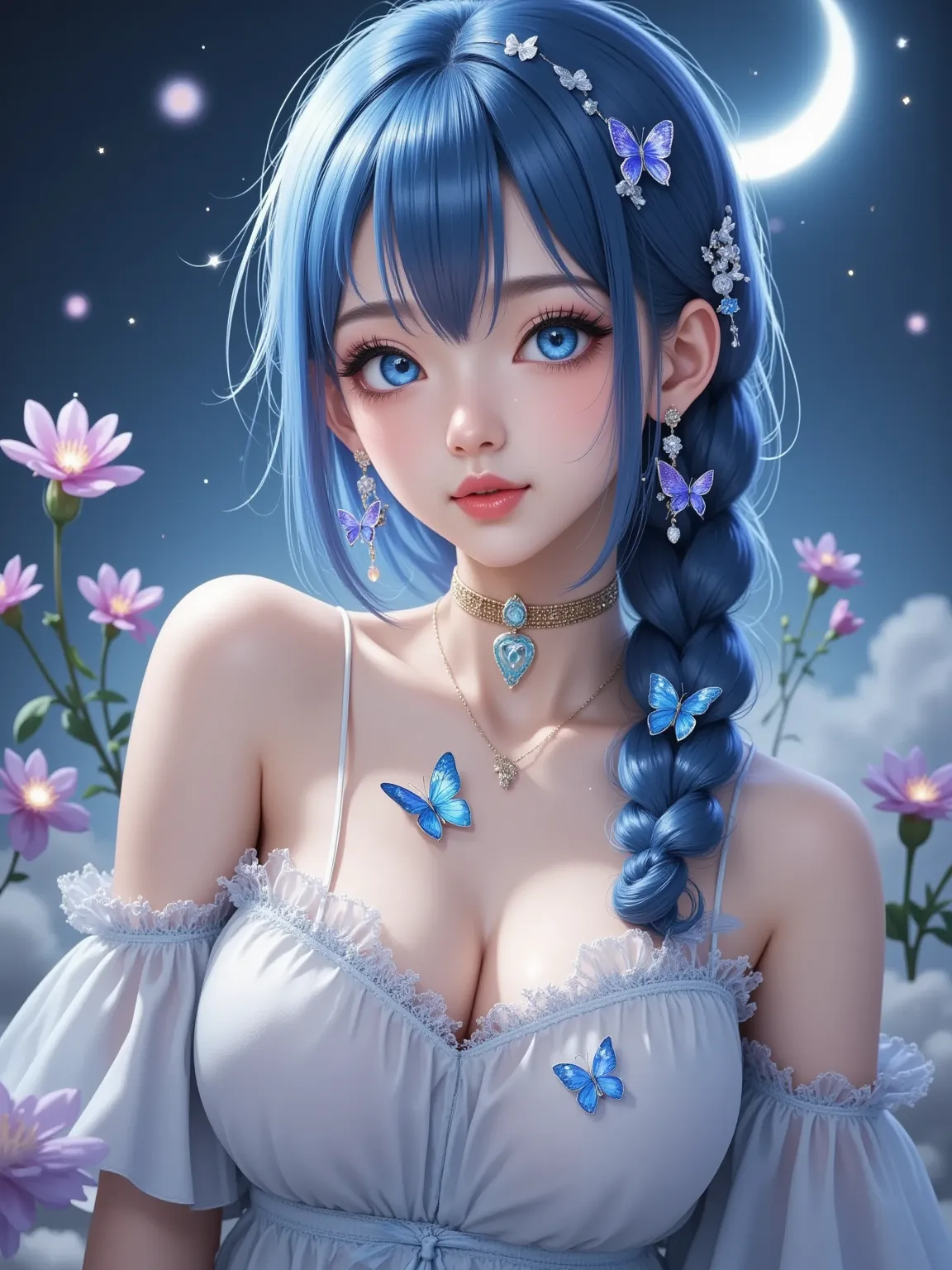  top quality combat bed，Screen meekness， anime illustrations with intricate details ， High Resolution， face close-up，Light makeup，Cold white skin，Pure Desire， fair and delicate skin ，Soft side face， Butterfly，Flowers，Blue fluffy braided hair ，Long eyelashe...