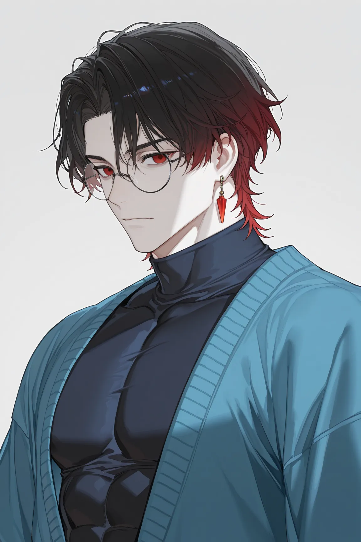 suou (sdurorhr), ningen mame, (ciloranko:0.7), portrait, 1boy, male focus, gradient hair, black hair, red hair, short hair, curtained hair, middle part, long bangs, wavy hair, red eyes, empty eyes, round glasses, closed mouth, pale skin, ((muscular)), hand...