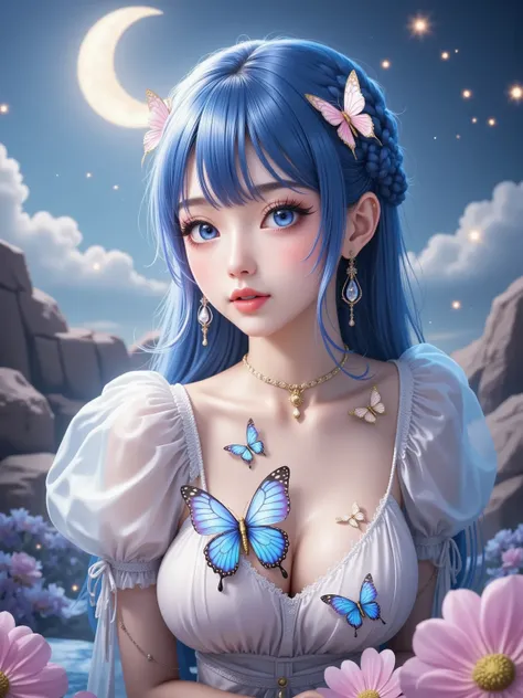  top quality combat bed，Screen meekness， anime illustrations with intricate details ， High Resolution， face close-up，Light makeup，Cold white skin，Pure Desire， fair and delicate skin ，Soft side face， Butterfly，Flowers，Blue fluffy braided hair ，Long eyelashe...