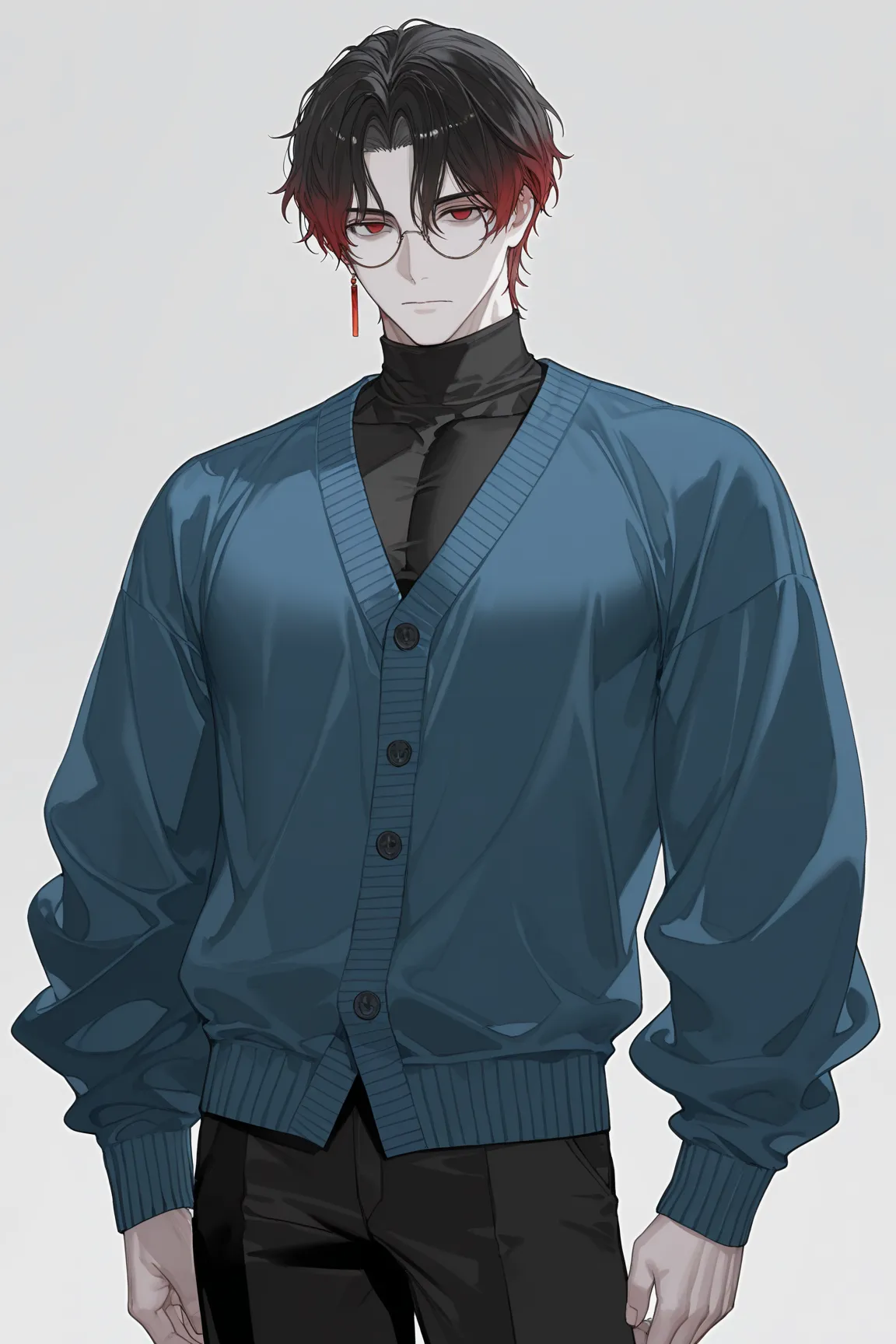 suou (sdurorhr), ningen mame, (ciloranko:0.7), portrait, 1boy, male focus, gradient hair, black hair, red hair, short hair, curtained hair, middle part, long bangs, wavy hair, red eyes, empty eyes, round glasses, closed mouth, pale skin, ((muscular)), hand...