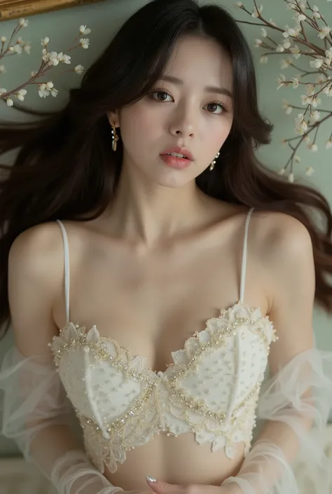 Portrait of a young woman in korea、One Girl、18-year-old、alone、(The whole body is projected)、(She wraps her naked body in see-through organza:1.2)、(Shooting from above:1.2)、(Lie down)、(Sensual World)、Beautiful and sexy、(Full view)、Embarrassed face、Ecstatic ...