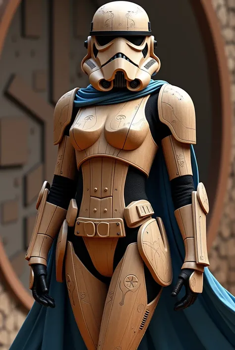 Sexy female stormtrooper (Star Wars), carved wooden leotard, wood helmet, wood armor, wood mask, wearing blue cape