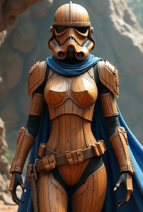 Sexy female stormtrooper (Star Wars), carved wooden leotard, wood helmet, wood armor, wood mask, wearing blue cape