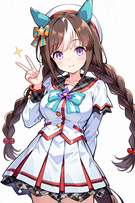 hokko tarumae (umamusume),brown hair,two-tone hair,twin long braids,purple eyes,horse girl,horse ears,ear cover,horse tail、