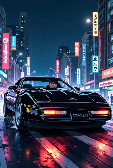 draw a black chevrolet corvette c5 in the style of the Initial D anime with a young guy driving in Tokyo at night with neon signs in high quality and with excellent detail.стиль аниме Initial D, гонки 1990-х