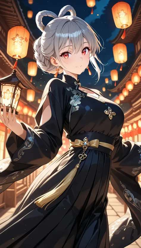 ( anime key visual , Character Emphasis , at viewer), panorama, ( 1 girl, Alone, Beautiful Double Knot Hairstyle , white & gray hair), Lantern Earrings , Earrings Shine , Women's Traditional Outfit , Beautiful Night Look , Break Beautiful Colorful ...