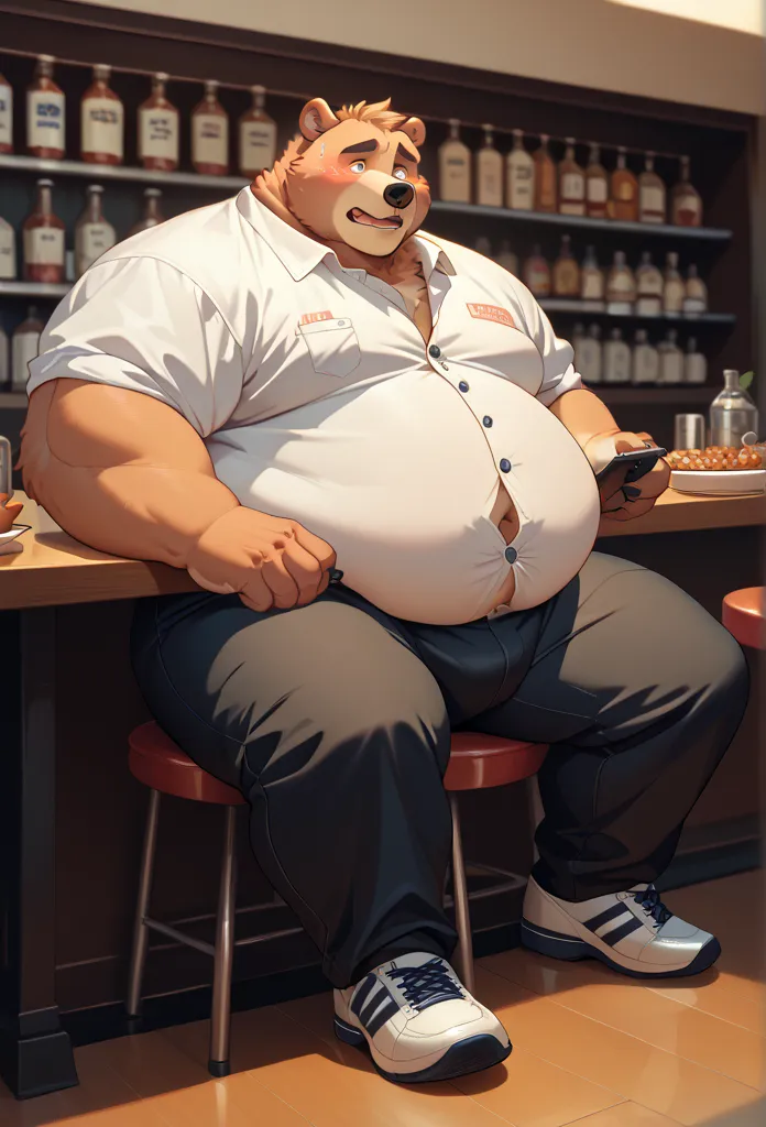 Furry bear, obese, massive belly, obese, chubby cheeks, black trousers, white shirt, shoes, tight clothes, button pop, embarrassed, sitting at a table in a restaurant 