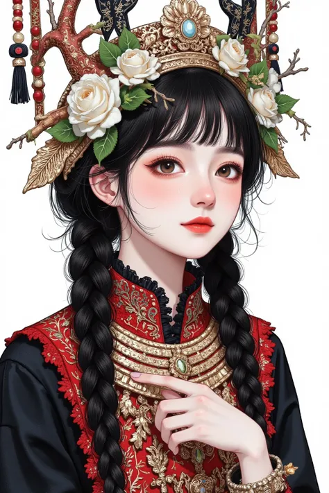  minority girl，black red costume， big eyes， blush，Heterochromia。 gorgeous ornaments ， unique, thorns, vase, white 花, white rose