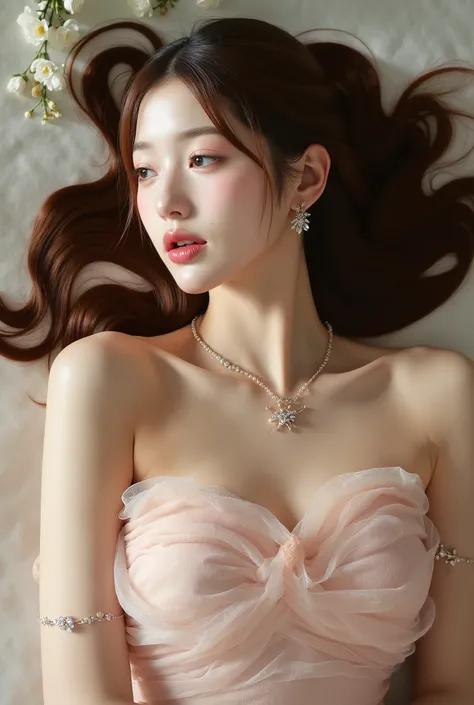 Portrait of a young woman in korea、One Girl、18-year-old、alone、(The whole body is projected)、(She wraps her naked body in see-through organza:1.2)、(Shooting from above:1.2)、(Lie down)、(Sensual World)、Beautiful and sexy、(Full view)、Embarrassed face、Ecstatic ...
