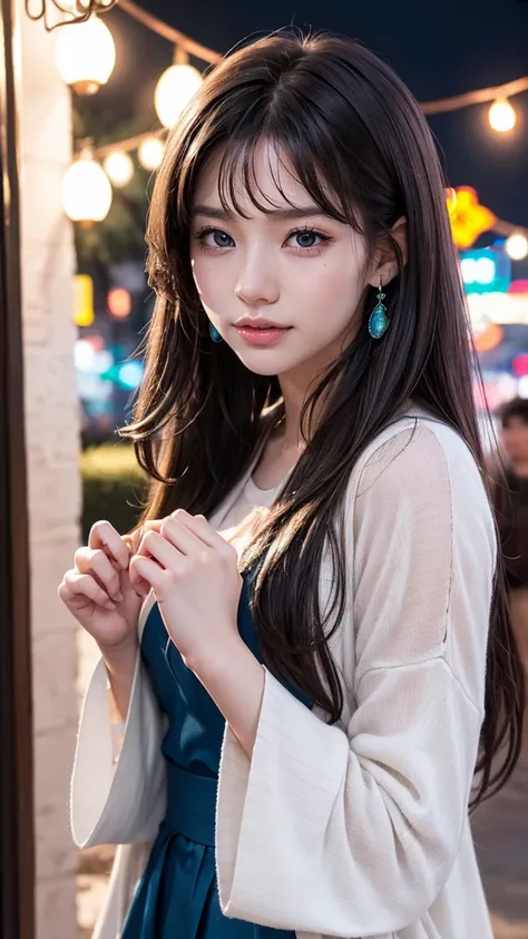 With this 8K original photo miracle ， depicts a mesmerizing Kpop idol ， with sweet “aegyo sal” features ， set in an outdoor night setting ， with floating effect and gentle glow of temple lights ， Her radiant smile and exquisite beauty are captivating Up Ya...