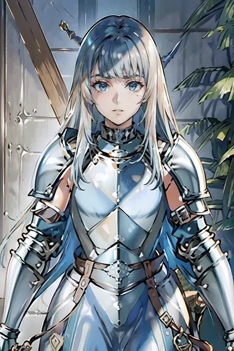 (masterpiece, best quality:1.2), 1girl, solo, adult face, fearless face, deep blue hair, long hair, blunt bangs, blue eyes, (((silver plate armor:1.3))), blue detachable collar, shoulder armor, belt, pauldrons, breastplate, waist armor, Fauld, arms armor, ...