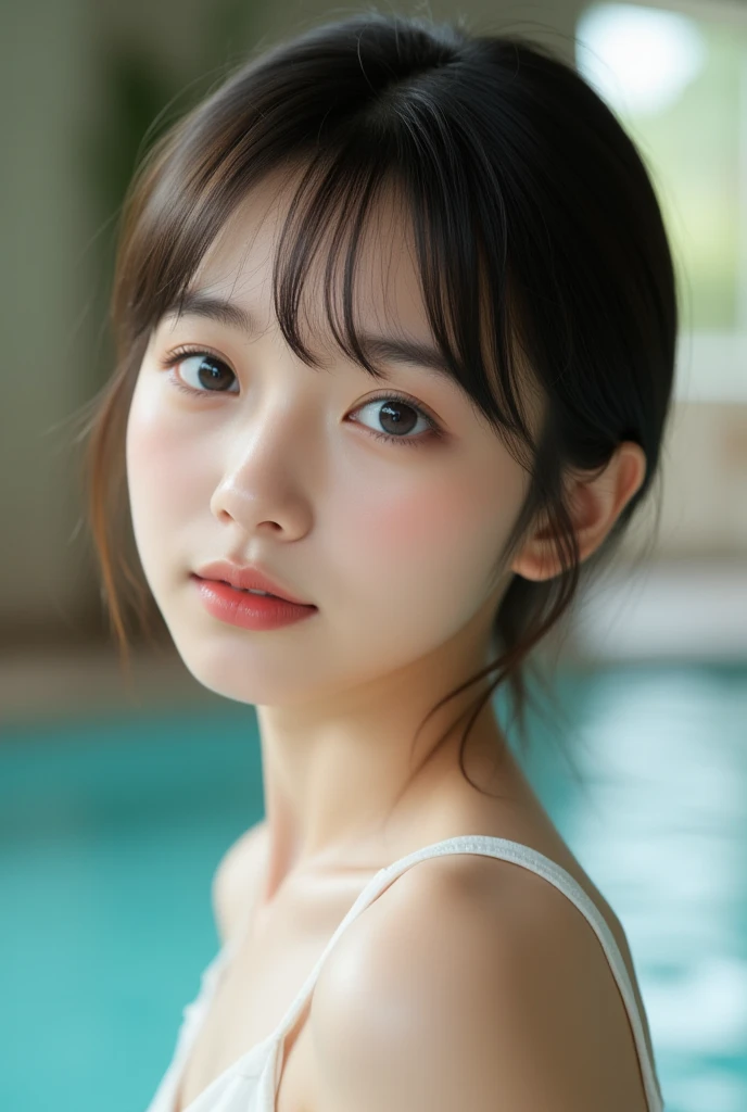 (girl, age 13, naked:1.7),(portrait), masterpiece, Best Quality,  RAW Photos,  photorealistic, face, Extremely Hi-Res,  beautiful girls,  elementary school students、primary school、Bikini、Hotel swimming pool、 cute face, Idol、Young face、 short hair,  depth o...