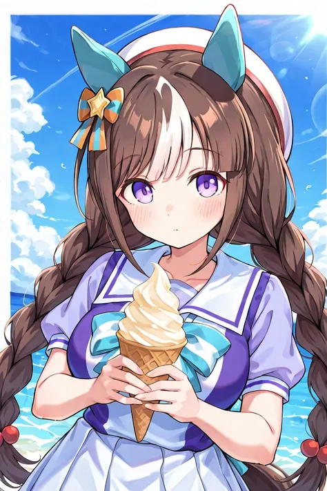 Hokko Tarumae ( umamusume),brown hair,two-tone hair,twin long braids,purple eyes,horse girl,horse ears,ear cover,horse tail、 eat soft serve ice cream 、Around town、Clear skies、Date