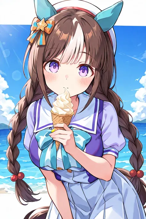 Hokko Tarumae ( umamusume),brown hair,two-tone hair,twin long braids,purple eyes,horse girl,horse ears,ear cover,horse tail、 eat soft serve ice cream 、Around town、Clear skies、Date