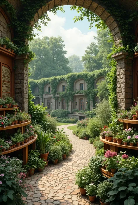 An 18th-century Swedish botanic garden with shelves full of plants labeled in a classification system.