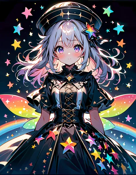  BEST DETAILS、  girl，，Blink， Best quality ， milky white and blue gradation hair color、Wear a colorful and cute gothic kimono costume  ,  Star Fairy ,Wear a colorful and cute gothic kimono costume  with little fairy feathers growing from above your waist 、 ...