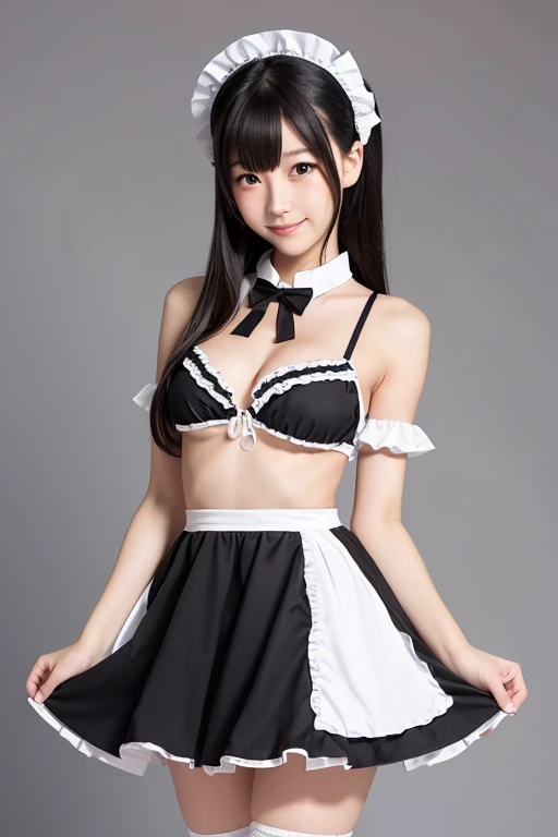 A girl in a maid cafe costume is standing　 slender body 　 bikini　 black hair　( simple white background)