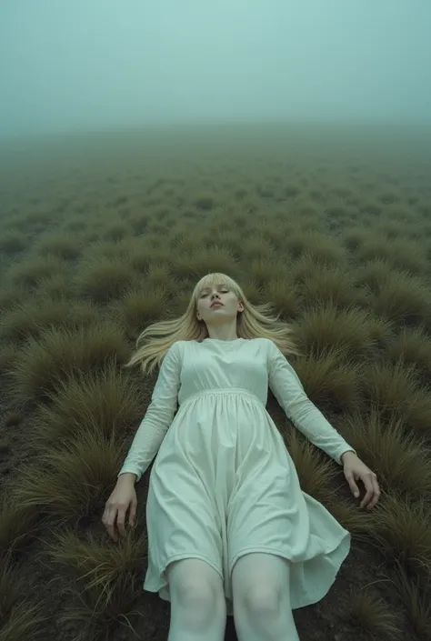 Flat camera in the sky,  at the top angle,  far away on a deserted field covered by fog. The field is huge from above and it is small. The grass is damp ,  and some pale flowers appear on the ground .  in the center, A blonde woman with bangs is lying on h...