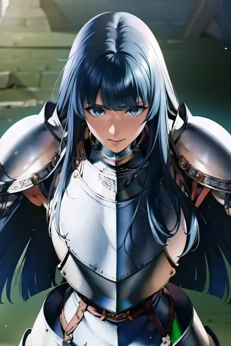 (masterpiece, best quality:1.2), 1girl, solo, adult face, fearless face, deep blue hair, long hair, blunt bangs, blue eyes, (((silver plate armor:1.3))), blue detachable collar, shoulder armor, belt, pauldrons, breastplate, waist armor, Fauld, arms armor, ...